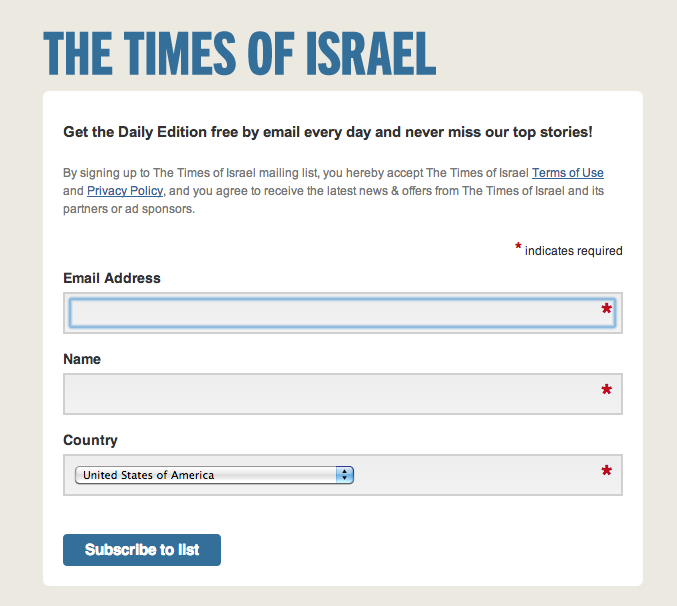 Times of Israel landing page